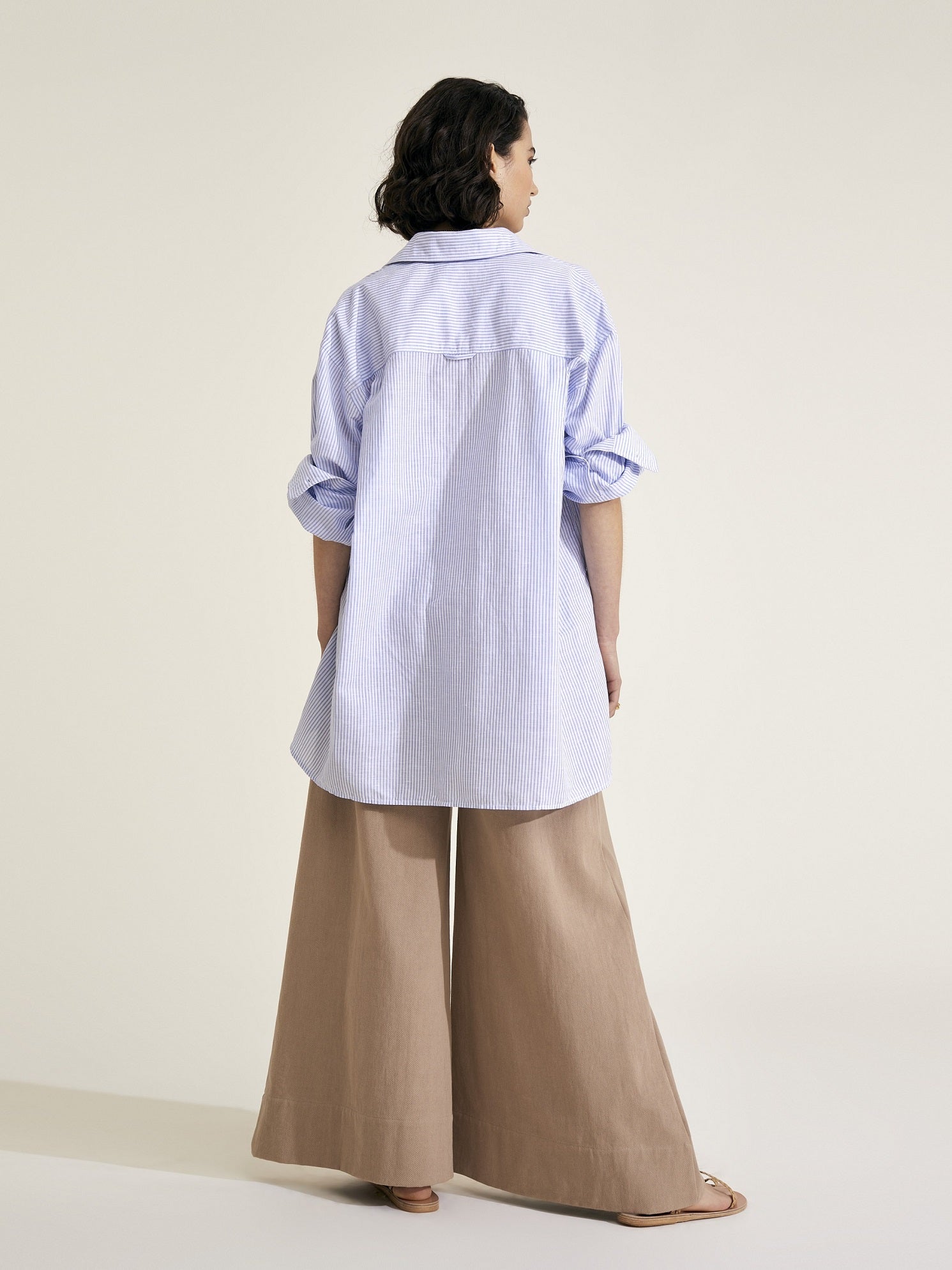 DELIA - Blue and White Stripe Linen Weave Shirt - Mondo Corsini