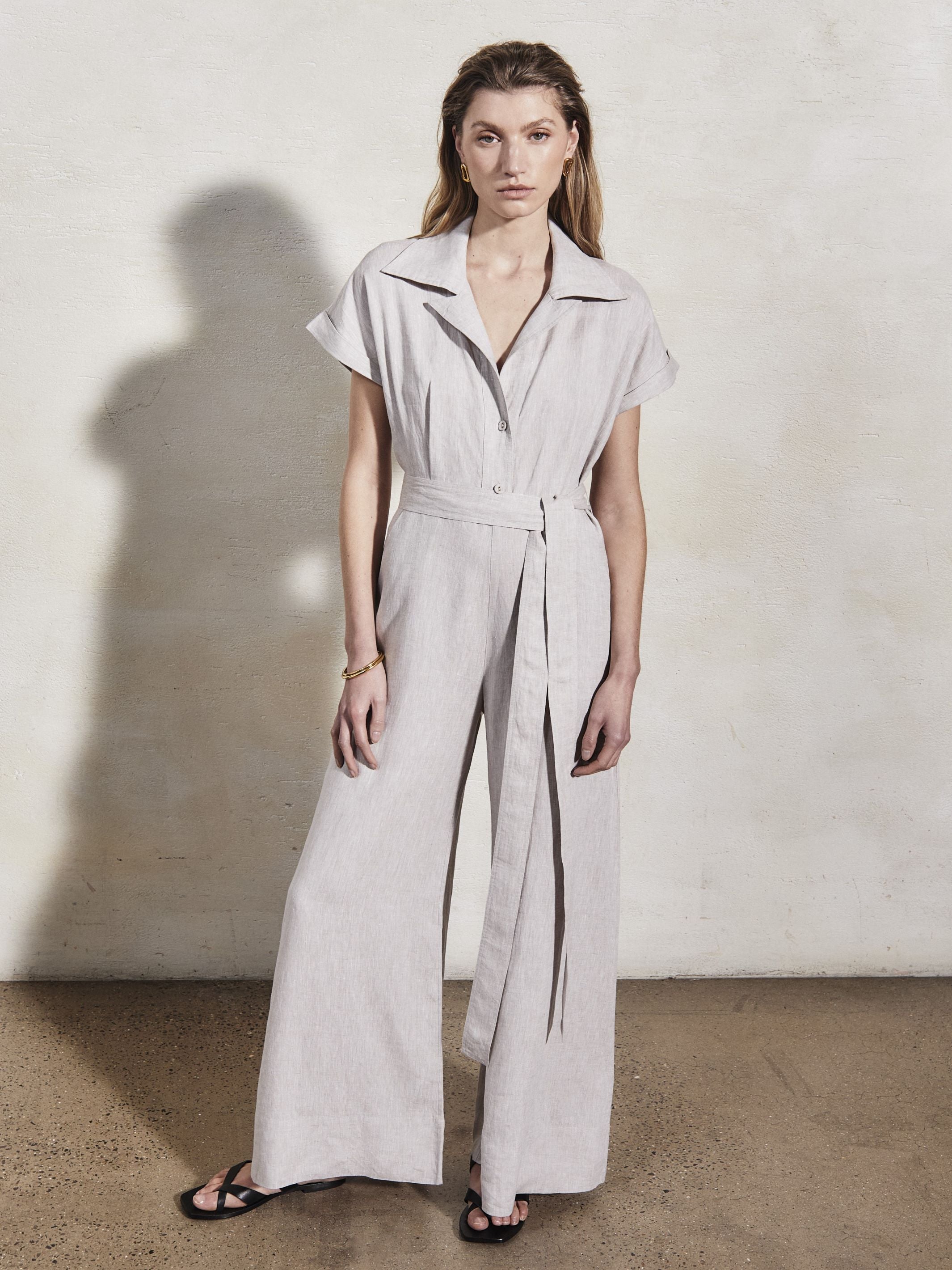 TERESA - Stone Linen Chambray Jumpsuit - Mondo Corsini