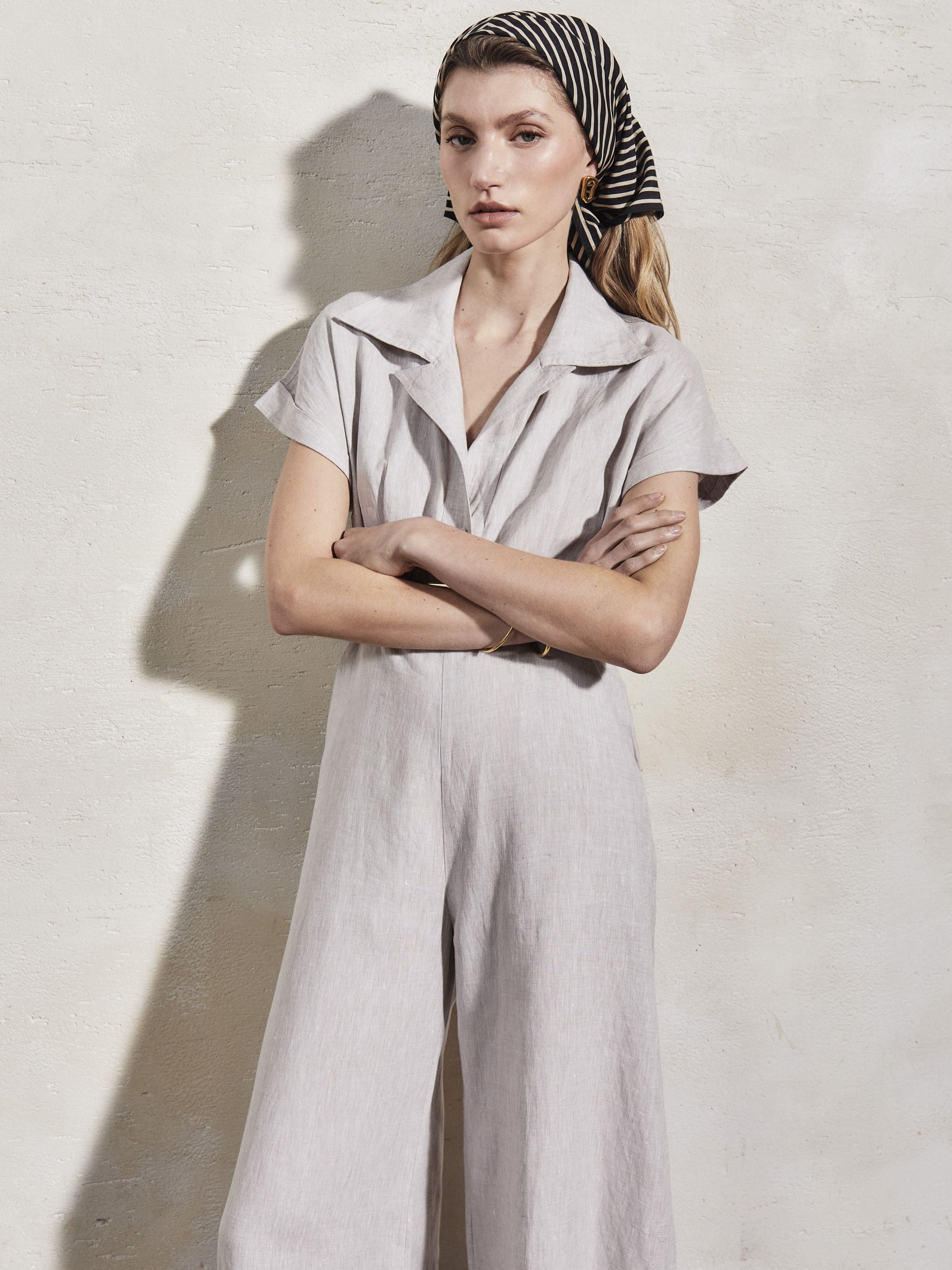 TERESA - Stone Linen Chambray Jumpsuit - Mondo Corsini