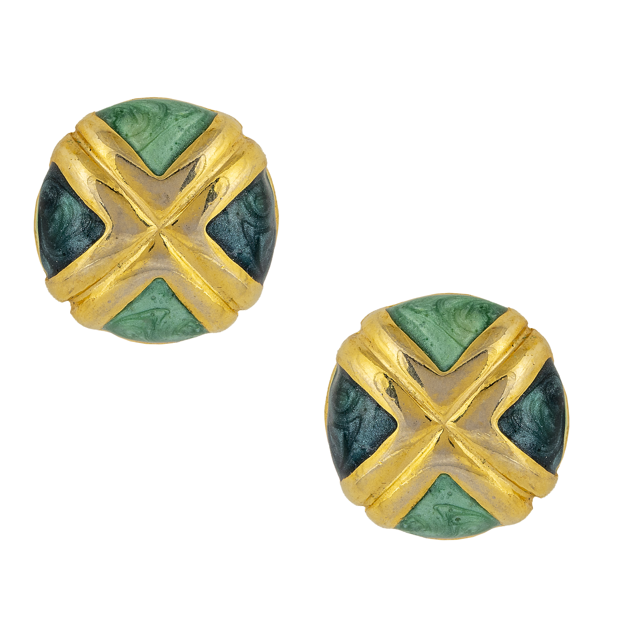 Vintage Green and Gold Cross Stud Earrings