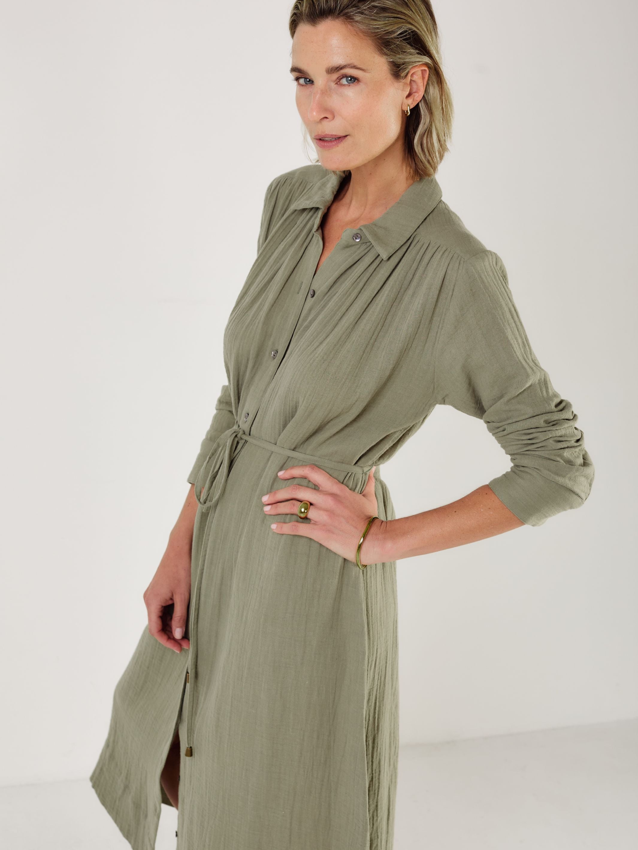 Martha - Olive Cotton Gauze Dress - Mondo Corsini