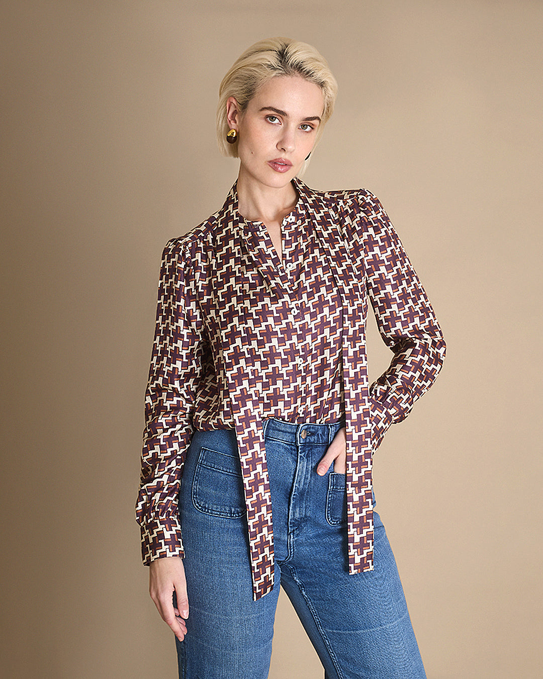 Serene Cross Print Silk Twill Blouse