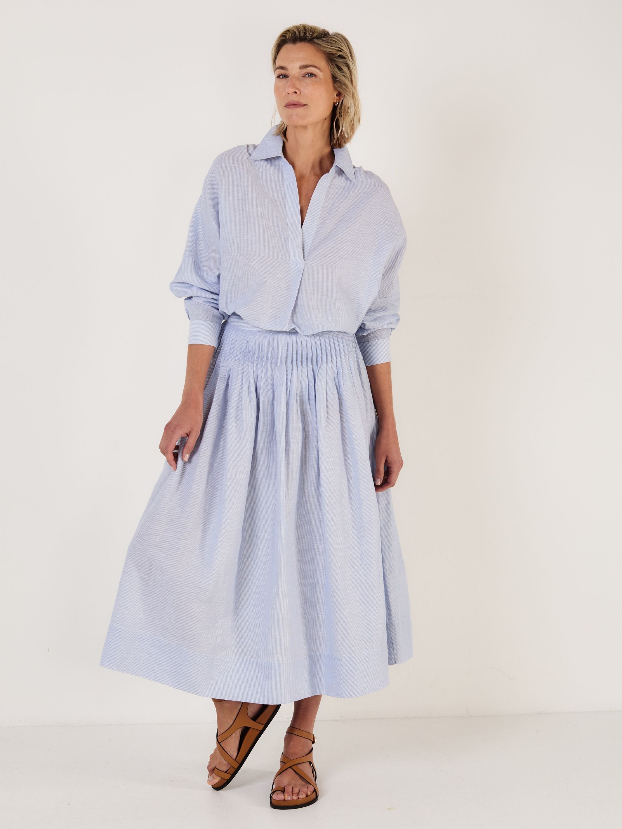 Suki - Blue Pinstripe Linen Cotton Skirt - Mondo Corsini