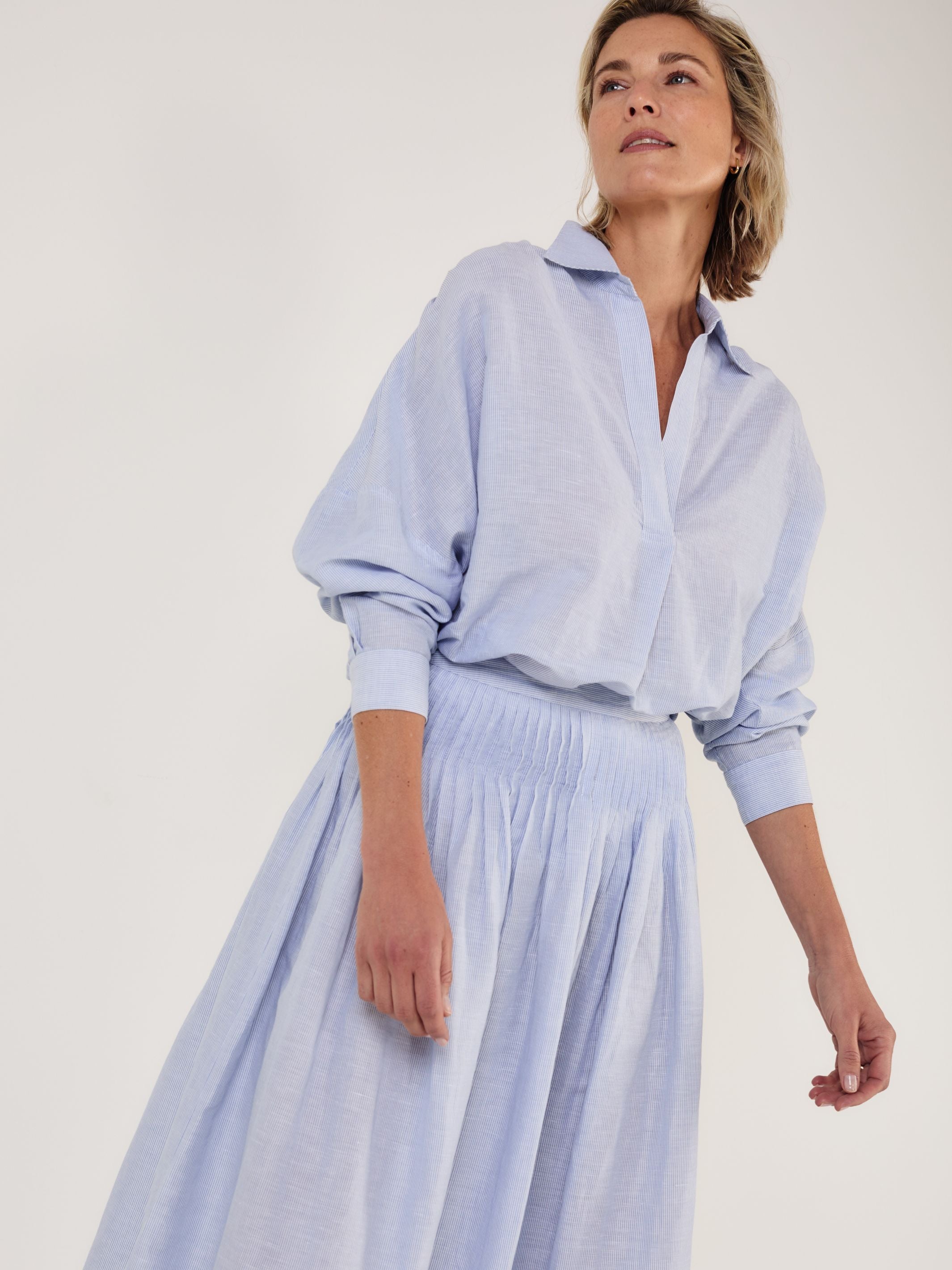 Suki - Blue Pinstripe Linen Cotton Skirt - Mondo Corsini