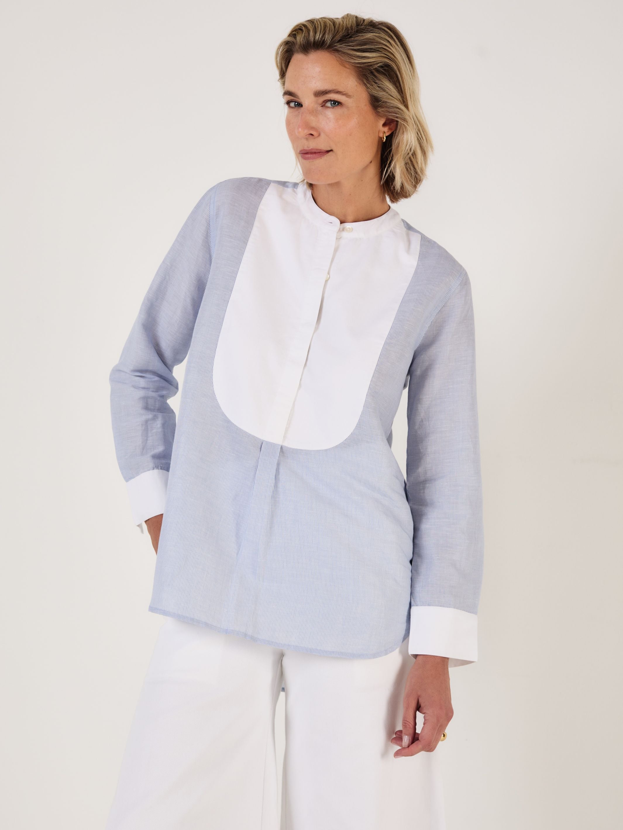 Tuxedo Shirt - Blue and White Pinstripe with contrast bib - Mondo Corsini