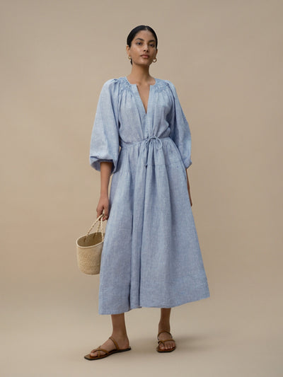 Victorine - Blue Chambray Linen Dress - Mondo Corsini