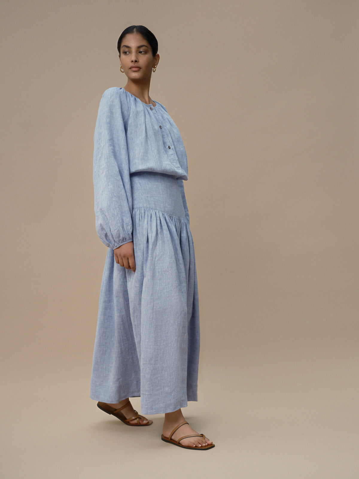 Maud - Blue Chambray Linen Skirt - Mondo Corsini